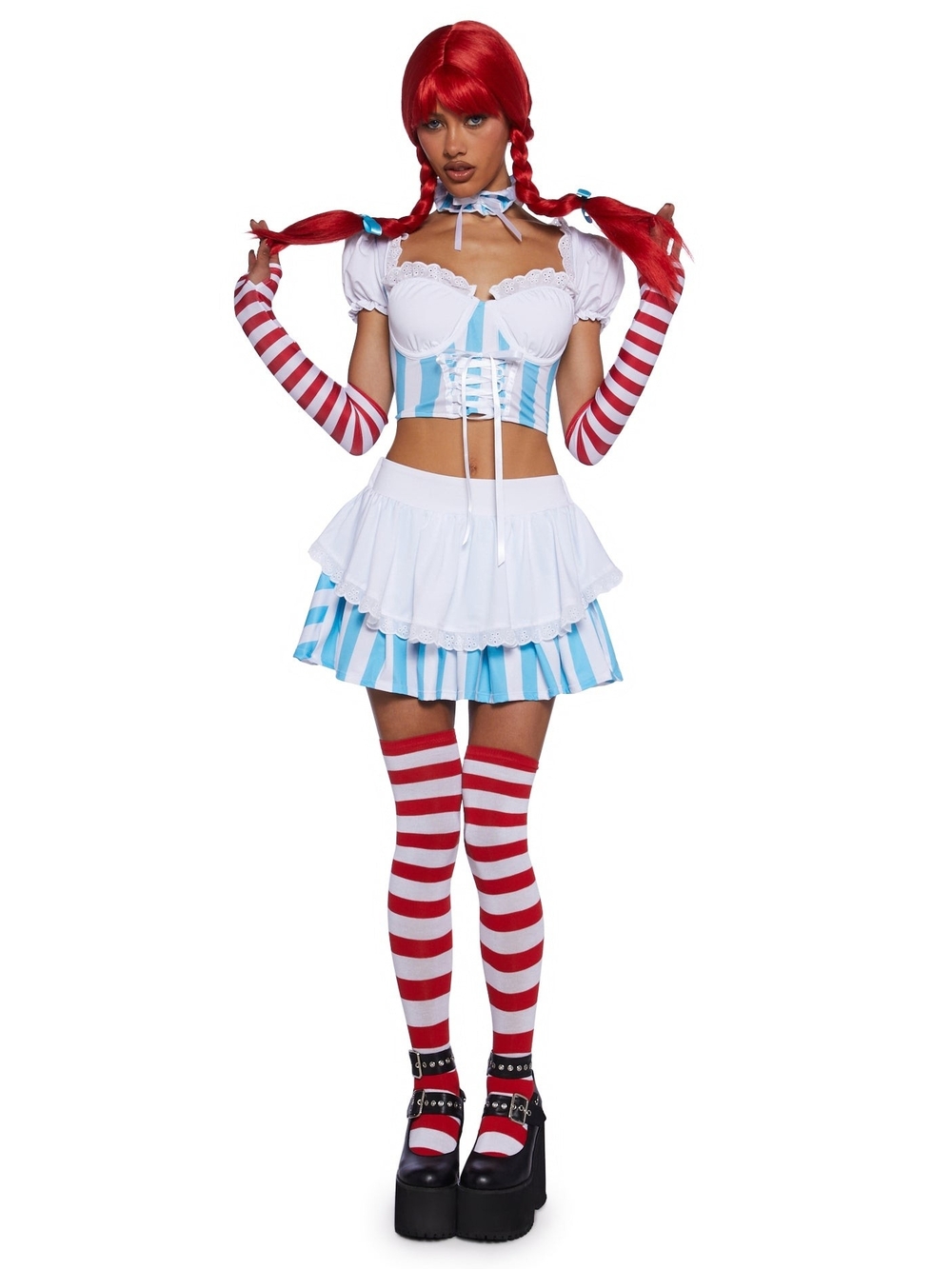 Blue & White Striped Costume Dress with Red Accessories